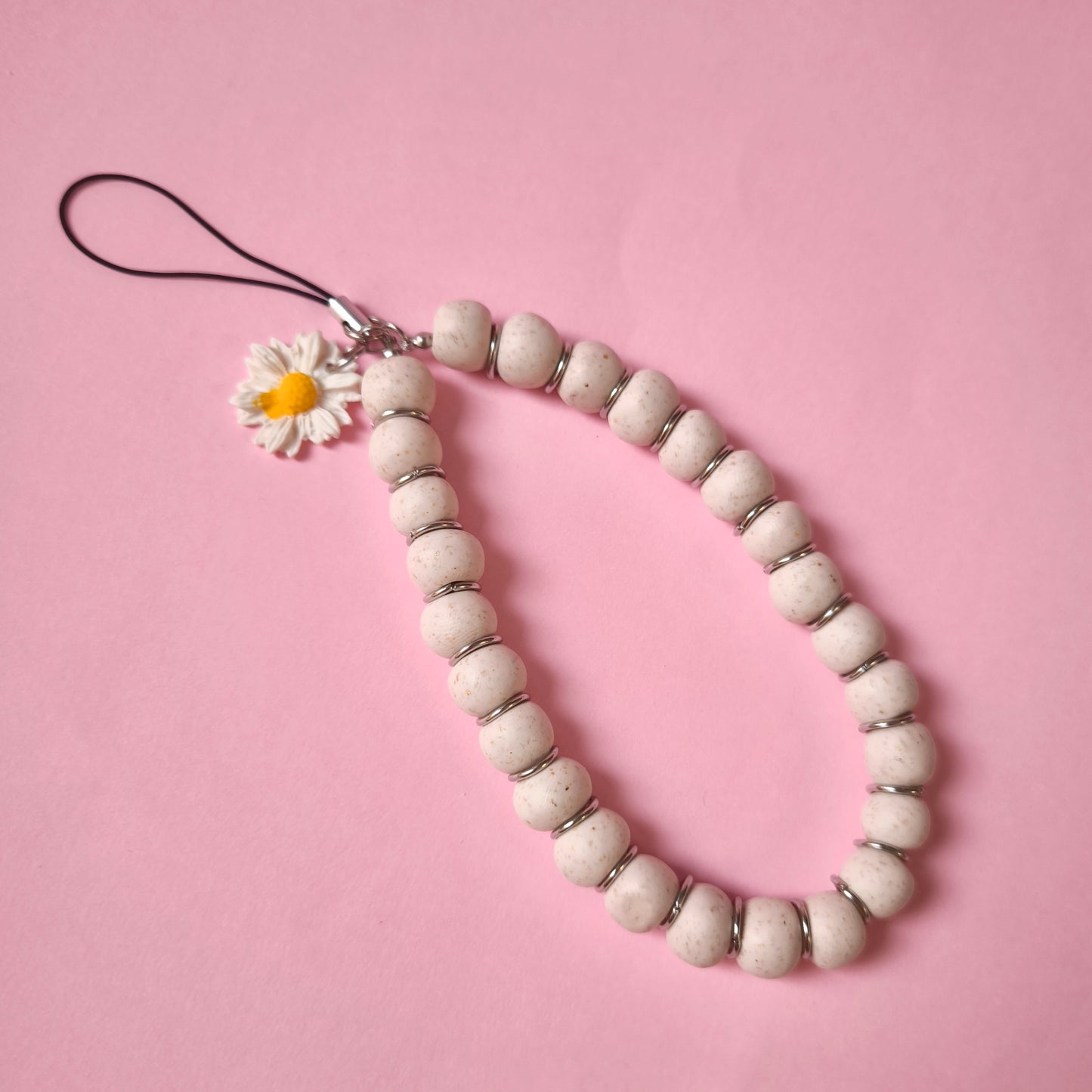 Colgante para tel. móvil beige con charm margarita