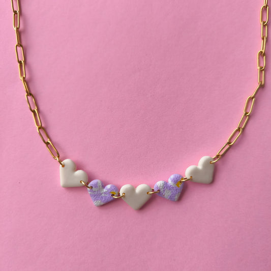 Collar mini corazón a cuadros hueso y lila