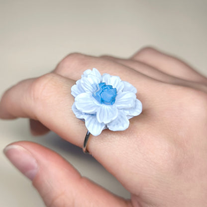 Anillo Flor celeste y azulen 3D