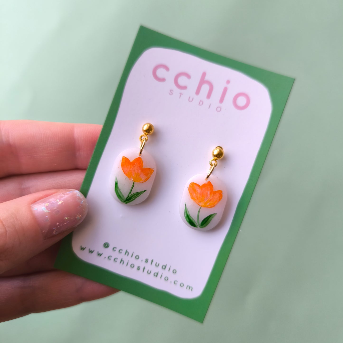 Pendientes pintados a mano oval flor naranja