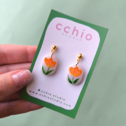 Pendientes pintados a mano oval flor naranja