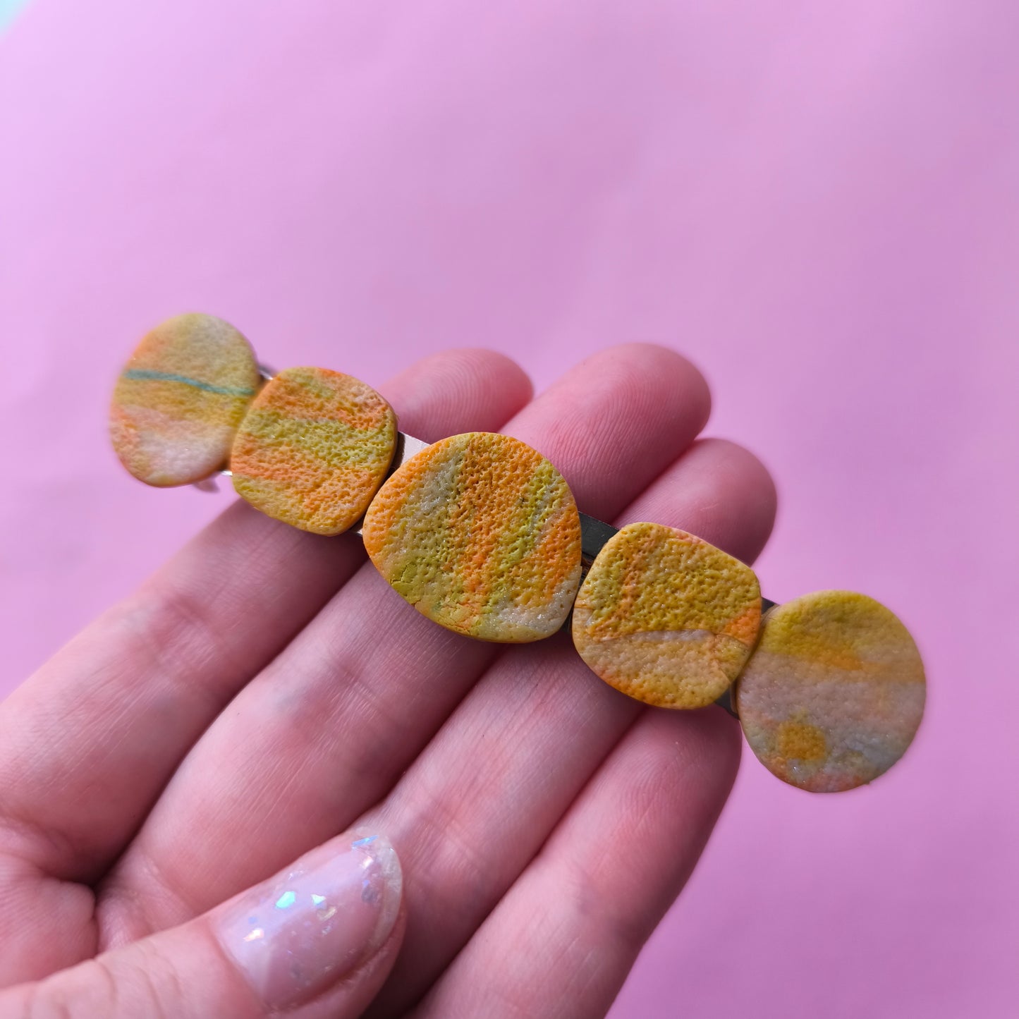 pasador cabello artesanal en arcilla polimérica. Hipoalergenicos, livianos. Hechos en España. Stock limitado. Acero inoxidable. 