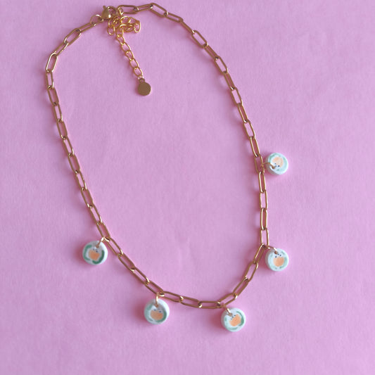 Collar 5 mini dijes pintados a mano con flor tulipán naranja pastel